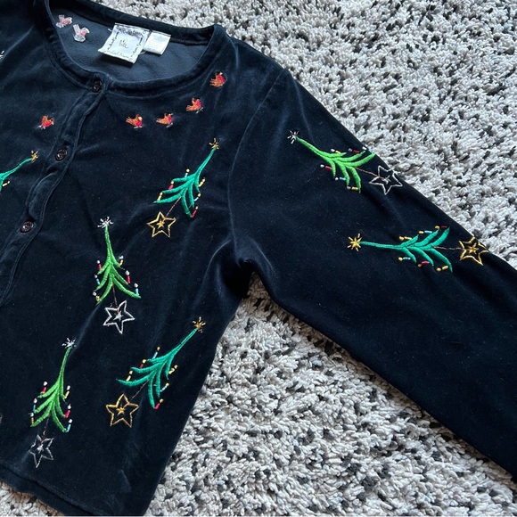Michael Simon Lite Christmas Cardigan Black Green Embroidered Trees Women’s L - Picture 6 of 16